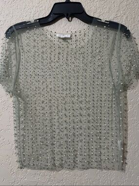 Endless Blue Emblished Sheer Olive Green Short Sleeve Top M